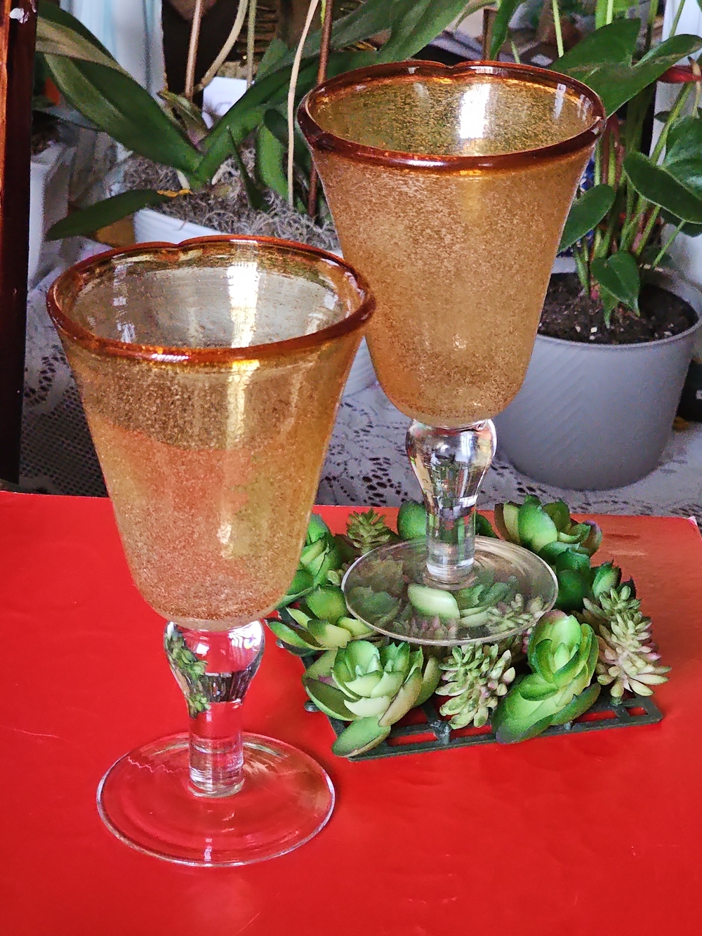 Artland Glass Amber With Bubbles Goblets with Clear Stems - Set of 2